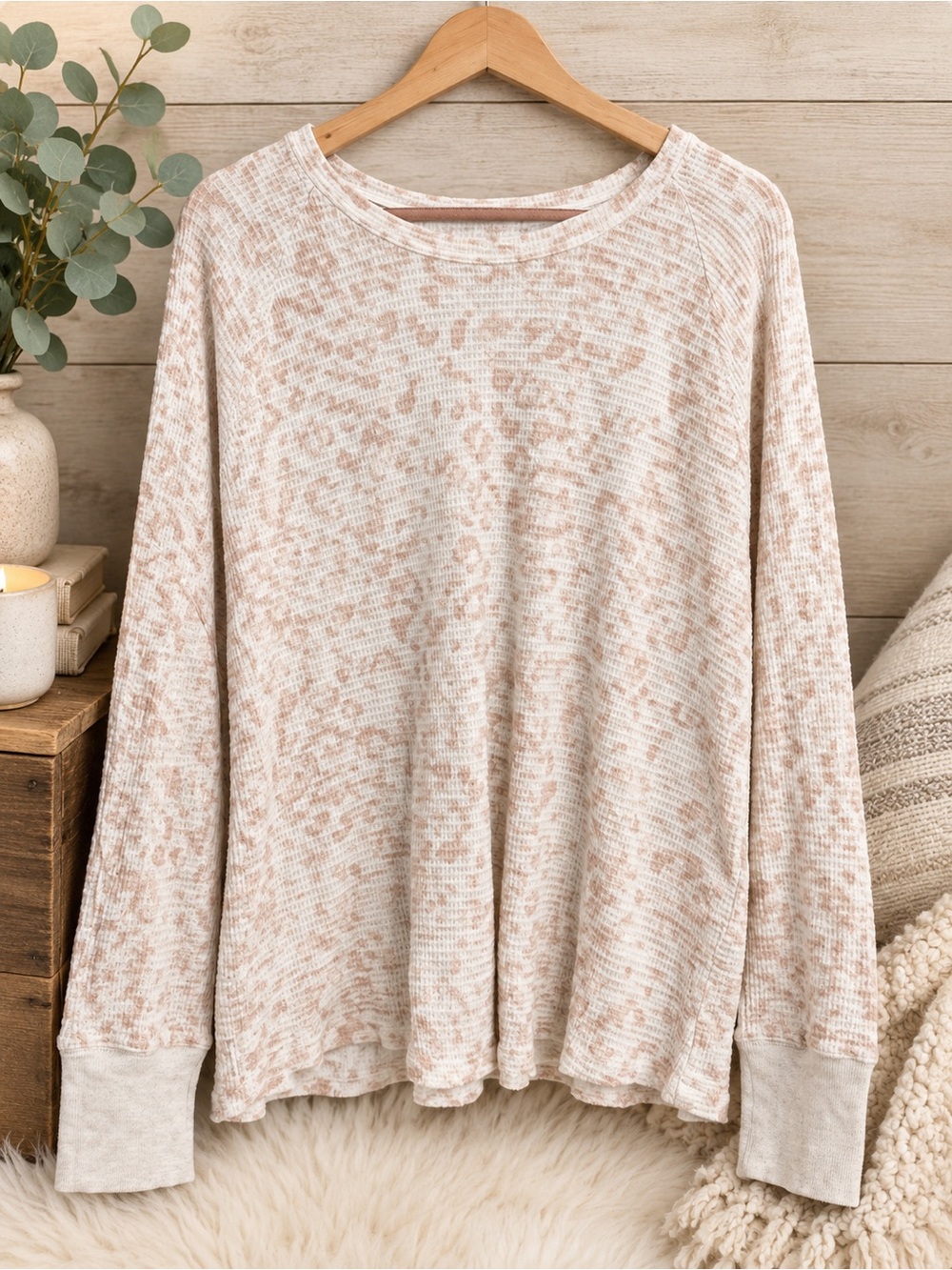 Knox Rose Cream Waffle Knit Top with Light Blush Animal Print XXL